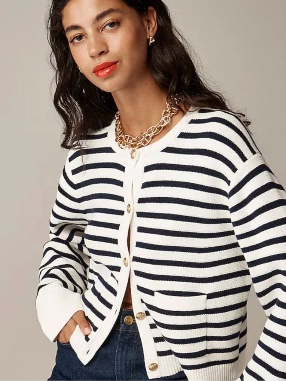 J. Crew Navy & White Striped Button-Front Cardigan